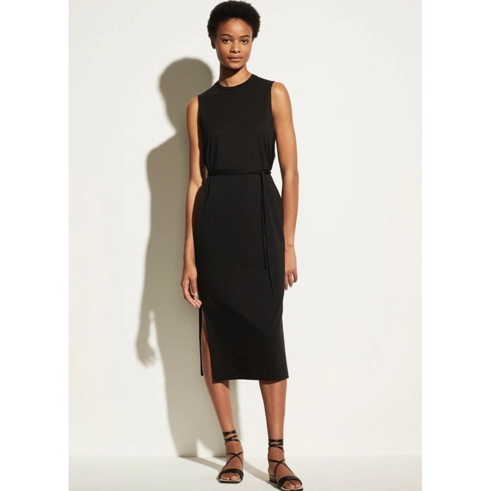 VINCE Sleeveless Pima Cotton Midi Tank Dress in Black